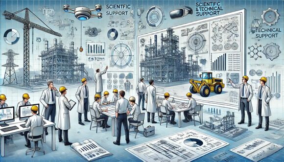 DALL·E 2024-10-19 00.27.14 - An illustration focusing on 'Scientific and Technical Support.' The main image shows engineers and scientists in lab coats and helmets discussing a pr